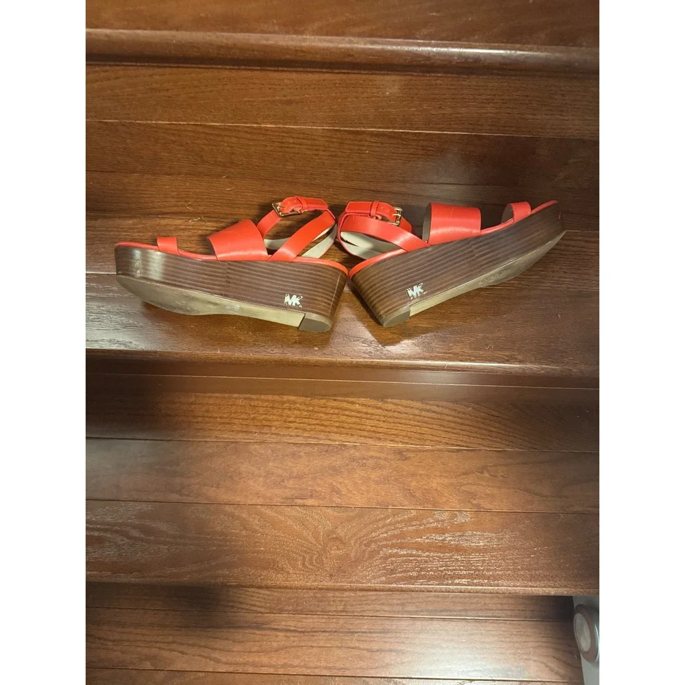 Michael Kors Women's Posey Orange Red Leather Platform Wedge Sandals Sz 8
